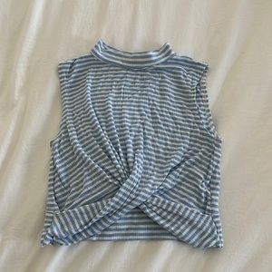 Aqua Blue and White Striped Knot Crop top